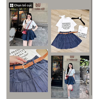Set áo thun phông trắng mix chân váy kèm đai