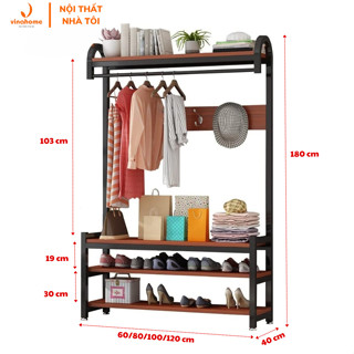 Giá treo quần áo móc câu, kết hợp kệ khung sắt mặt gỗ 4 tầng đa năng thiết kế thông minh, tiết kiệm không gian VNH-526