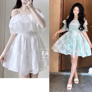 Đầm trắng trễ vai bèo,dáng xoè Briebrie cao cấp chất liệu voan hoa,sang trọng - 264