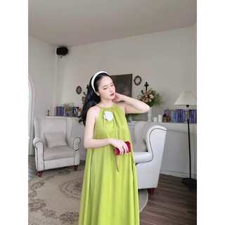  Váy Maxi lụa cài hoa trà, đầm bigsize dây đan dáng dài đi biển siêu xinh