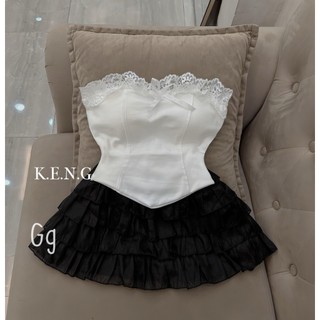 Sét bộ áo ống croptop vạt bầu , viền ngực ren nơ phối chân váy 4 tầng cực hot
