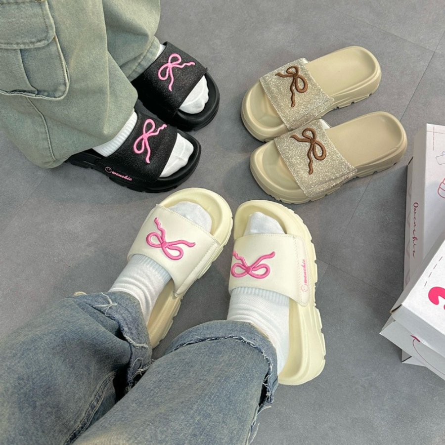 Dép quai ngang owenchic thêu nơ dễ thương  đế cao 4cm kèm hộp cho nam nữ freeship - Hỗ Trợ Đổi Size