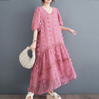 [PODICA][BIGSIZE] dưới 90kg Váy đuôi xoè tay phồng đính kết hoa bông lạ mắt, váy bầu mặc được