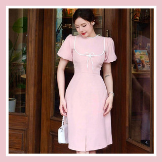 Đầm hồng cổ tròn ren bi tiểu thư thanh lịch