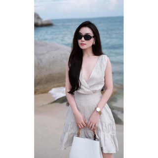 ĐẦM LINEN CỔ V DÁNG NGẮN XẾP BÈO SIÊU XINH PHONG CÁCH MÙA HÈ SIÊU XINH ĐỦ SIZE