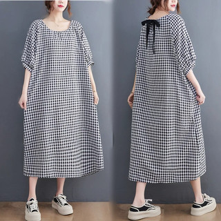 [PODICA][BIGSIZE]Dưới 90kg Váy suông caro cổ áo rút thắt nơ sau, váy bầu mặc được