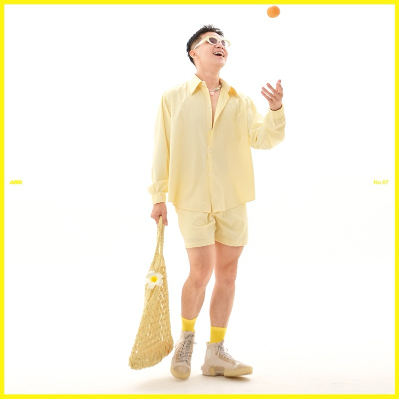 Bộ sơ mi vải kate sọc ít nhăn Lazy Set Áo sơ mi phối tay thun, quần shorts lưng thun Unisex - ANH Studio