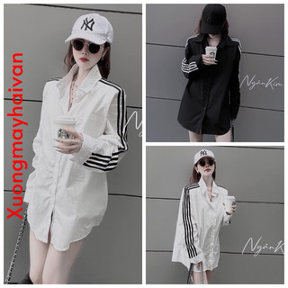 Hv - áo sơ mi nữ viền tay 2 màu đen- trắng kiểu vạt bầu trẻ trung