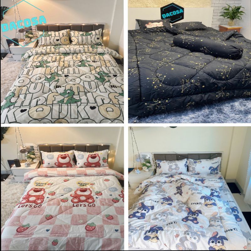 Bộ chăn ga gối 5 món chăn phao trần bông dày siêu nhẹ cao cấp không cần lồng vỏ tiện lợi