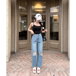 ( Nấm Lùn 95cm) Quần Jeans Suông Lưng Cao Rách Gối Thảo Xinh Store 202