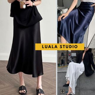 Chân váy lụa dài Luala, dáng chữ A xoè qua gối chất liệu satin mềm mịn, kiểu dáng midi đuôi cá basic