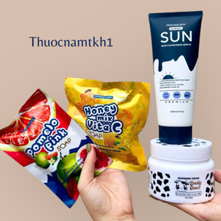 [ CÓ QUÀ ] SOAP BƯỞI KÍCH TRẮNG VÀ SOAP ONG KHỬ THÂM PRINCESS - KEM BODY BÒ SỮA PRINCESS - KEM CHỐNG NẮNG BODY