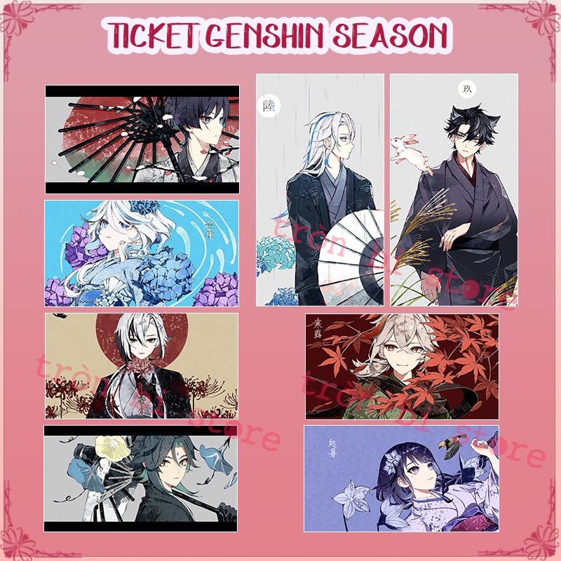 Ticket Genshin Impact Season 6,6 x 12 cm giấy nhũ trai cán bóng nhiều nhân vật