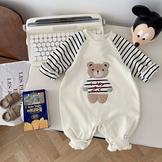 Body dài tay bé trai bé gái Bodysuit cho bé sơ sinh vải thun cotton áo liền quần gấu kẻ SLT109