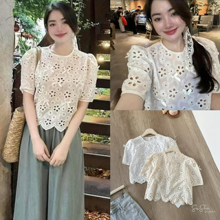 Áo Ren Hoa Cổ Tròn Croptop Đính Nơ Lượn Sóng Cộc Tay siêu xinh