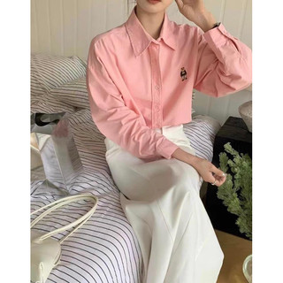 Sơ mi Qc dài tay thêu hình ngựa chất thô mềm form rộng<65kg,áo sơ mi form rộng