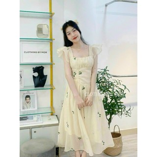 Đầm maxi voan hoa cổ vuông (có mút) tay cánh tiên dáng xòe  cực xinh