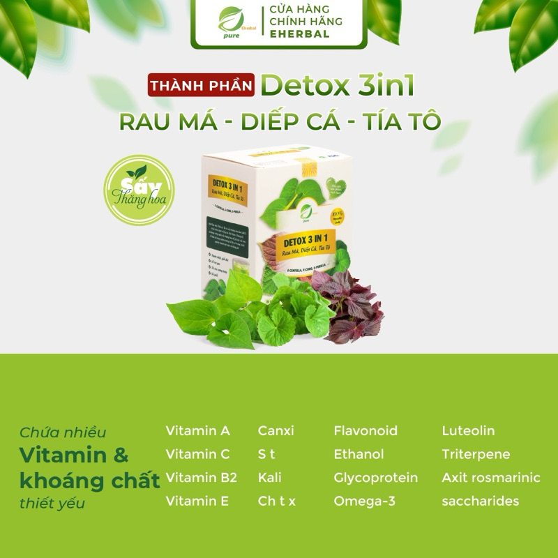 Combo 2 hộp DETOX 3 IN 1 Rau má ,Diếp cá ,Tía tô Eherbal (42 gói) hỗ trợ giảm cân cấp tốc, tăng sức đề kháng, đẹp da