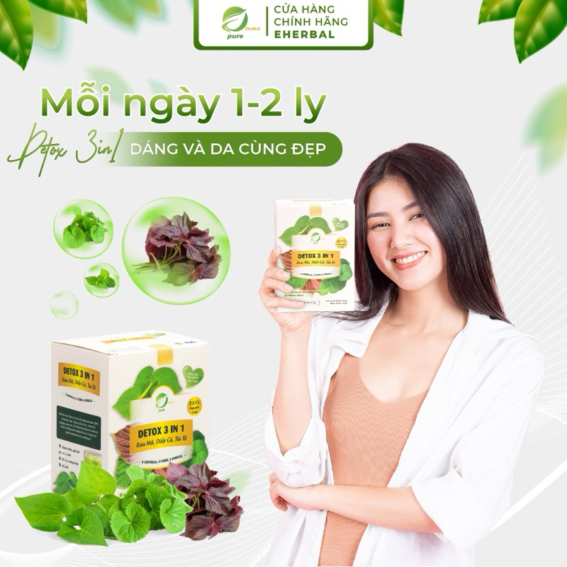 Combo 2 hộp DETOX 3 IN 1 Rau má ,Diếp cá ,Tía tô Eherbal (42 gói) hỗ trợ giảm cân cấp tốc, tăng sức đề kháng, đẹp da