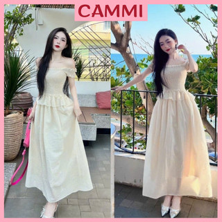 Đầm maxi đi biển kiểu dáng trễ vai tiểu nhún thân dáng dài đi biển,dầm ống midi sang chảnh mặc đi du lịch HV84