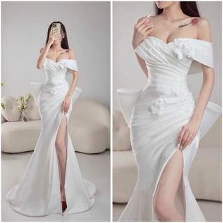 Đầm body cưới cho dâu TRIPBLE T DRESS trễ vai kết hoa kèm nơ rời - MS282V - Size S/M/L
