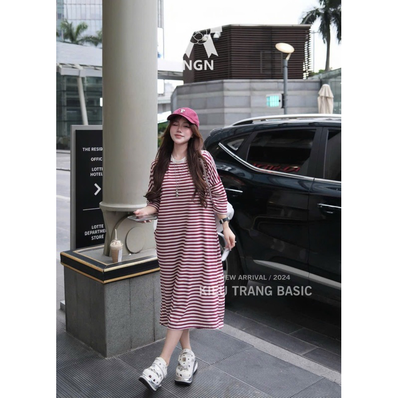Váy Xuông Kẻ Đỏ Tay Lửng Kiều Trang Basic