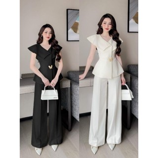 sét 2 chi tiết áo kiểu cổ cánh tiên cùng quần ống đứng sang trọng
