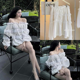 Áo váy trễ vai dài tay phối  ren , Áo hở vai tay bồng thiết kế dáng thụng C107