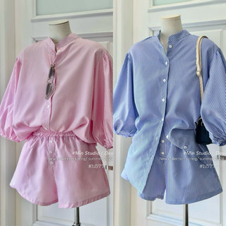  Set 2 chi tiết :Áo sơ mi kẻ tay lỡ kèm quần short