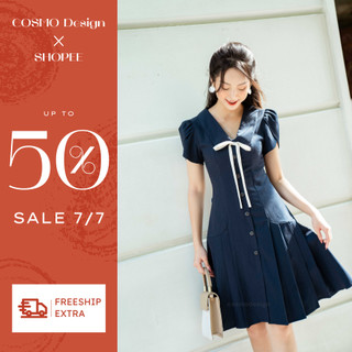 Marina dress váy ôm tím than xếp ly gấu thắt nơ kem cosmo design 9702