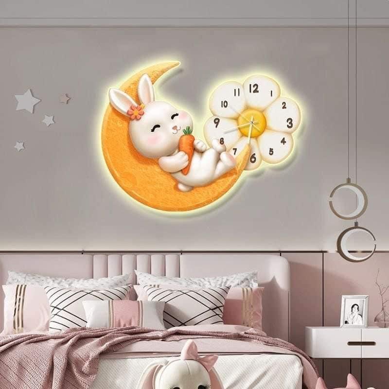 Đồng Hồ treo tường có ĐÈN LED decor Hình Gấu Thỏ Đáng Yêu Treo Phòng Khách, Phòng Ngủ, Quà Tặng