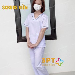 Quần áo Blu nữ Dược sĩ, Đồng phục Quầy thuốc, Nhà thuốc, Scrubs trắng VIỀN xanh lá, xanh dương
