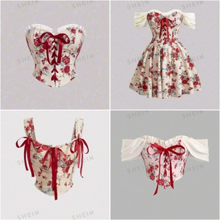 Teti top - áo croptop dây quây ngang và váy cột nơ hoa đỏ y2k