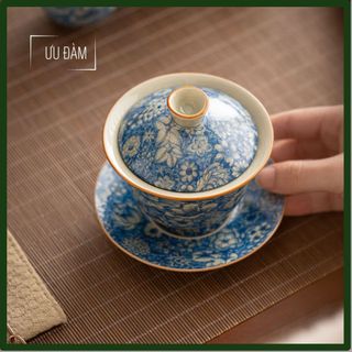 UT51.Chén Khải Gốm Sứ Tráng Men Phủ Hoa xanh dương Đĩa Đế Thấp 140 ml(ƯU ĐÀM _ Quà Tặng Phong Thuỷ)