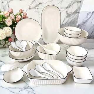 Bán lẻ Bát đĩa sứ trắng viền đen Seka sang trọng