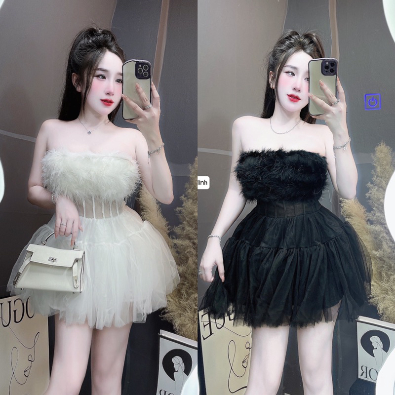 Váy Cúp Lông Ngực Chân Lưới Xoè