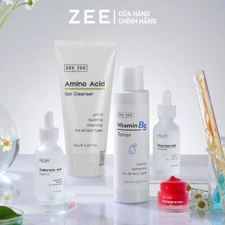 Combo 5 gồm Son lựu, Toner B5, Gel rửa mặt Amino, Tinh chất Niacinamide, Tinh chất Hyaluronic Acid