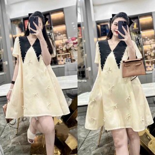 Đầm Váy Nữ Tay Ngắn Cổ V Đính Nơ Nhẹ Nhàng Dễ Thương Phù Hợp Mặc Hằng Ngày, Đi Chơi