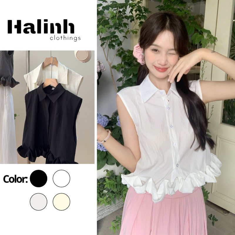 Áo sơ mi sát nách dáng ngắn vạt bèo xòe chất vải đũi nhăn Halinh M179