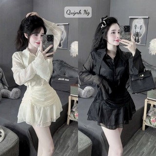 Set váy thời trang chất voan tơ cổ nhọn tay dài váy ngắn xòe phong cách sang chảnh chất vải mềm mịn chuẩn shop