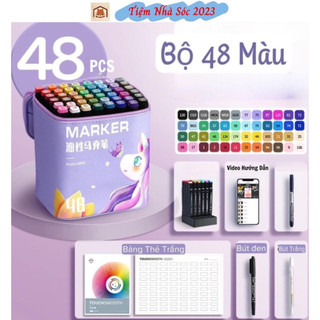 Bộ bút dạ 2 đầu 48 cây marker bút lông 48 màu cao cấp,túi da đẹp kèm 2 bút hightlight.tiệm nhà sóc