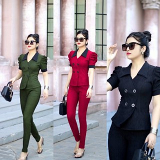 SET ĐỒ BỘ MÃ Y thiết kế kiểu sang trong, áo kiểu vest có bâu cổ, quần baggy dáng ôm, tay áo phồng, thun Xốp Nhật đủ size