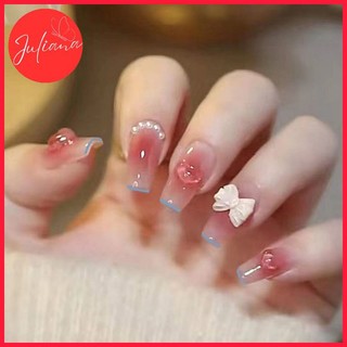[Mã-Z287] Móng Tay Giả Juliana Đính Nơ Ngọc Trai Hộp 24 Nails Box +Kèm Phụ Kiện Làm Móng)