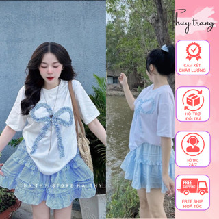 Set Bộ Đồ Nữ Áo Phông Trắng Đính Nơ Bèo Kẻ Sọc Nổi Ngắn Tay Mix Chân Váy Kẻ Thô Freesize-thuy_trang_hottrend_store