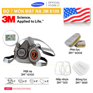Bộ 7 món mặt nạ phòng độc 3m 6100 / 6200, 2 phin lọc 6006, 2 tấm lọc 5n11, 2 nắp giữ