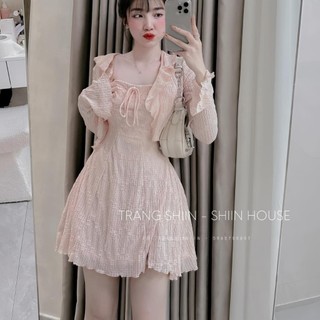 Set Đầm Len Ren Thêu Hoa Tone Màu Hồng Ngọt Ngào Kèm Áo Khoác