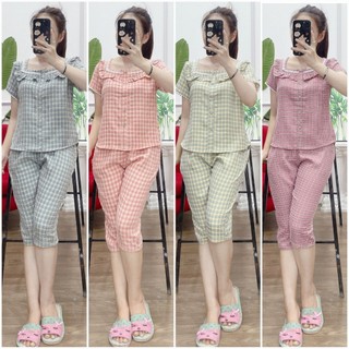 Đồ bộ mặc nhà nữ, bộ thô kẻ lông mềm và lụa latin nhật hoạ tiết lửng +dài cổ vuông ren bèo 5 khuy giả