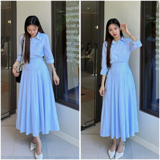 Váy maxi kẻ dài tay lưng chun bản mới Hamyclothing