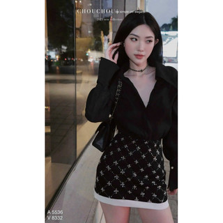 Set áo sơmi đen + chân váy đính đá