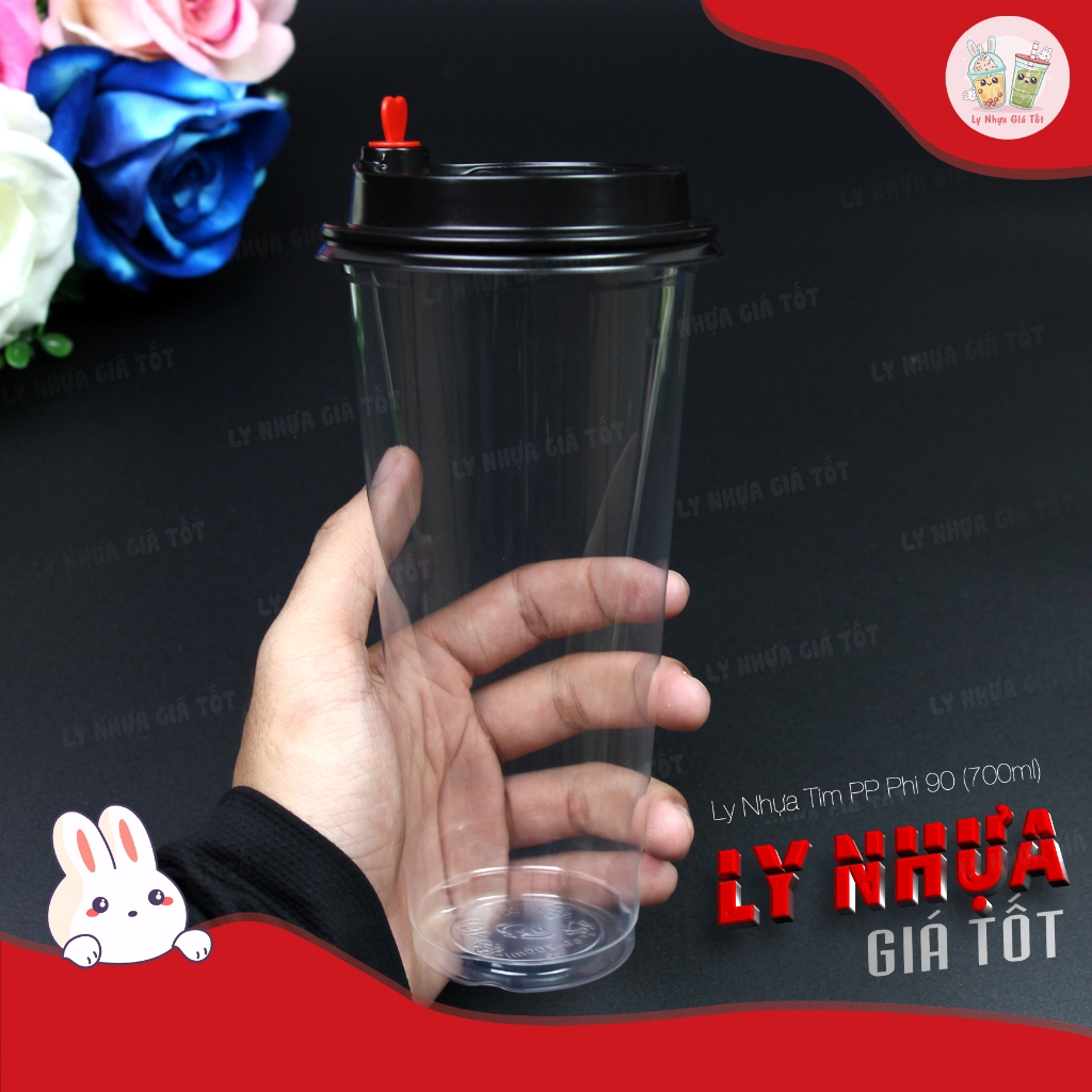 50 Ly Cốc Nhựa Tim UKP PP 90, dung tích 700ml, ly dày chất lượng. Kèm nắp tùy chọn.